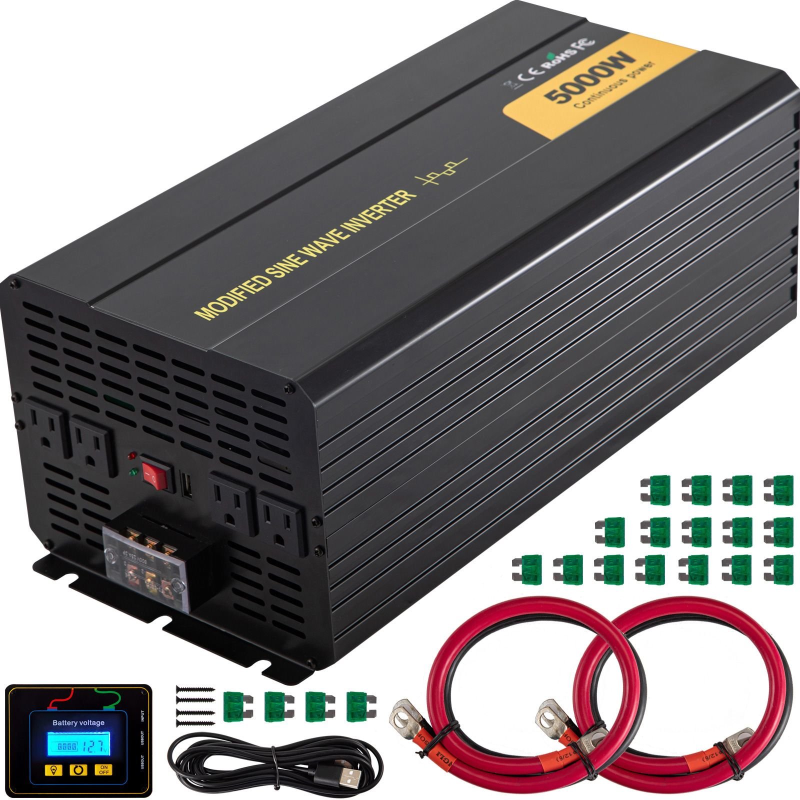 power inverter, 5000w modified sine wave inverter, dc 12v to ac 120v car converter, with lcd remote controller, led indicator, ac outlets inverter for truck rv car boat travel camping emergency