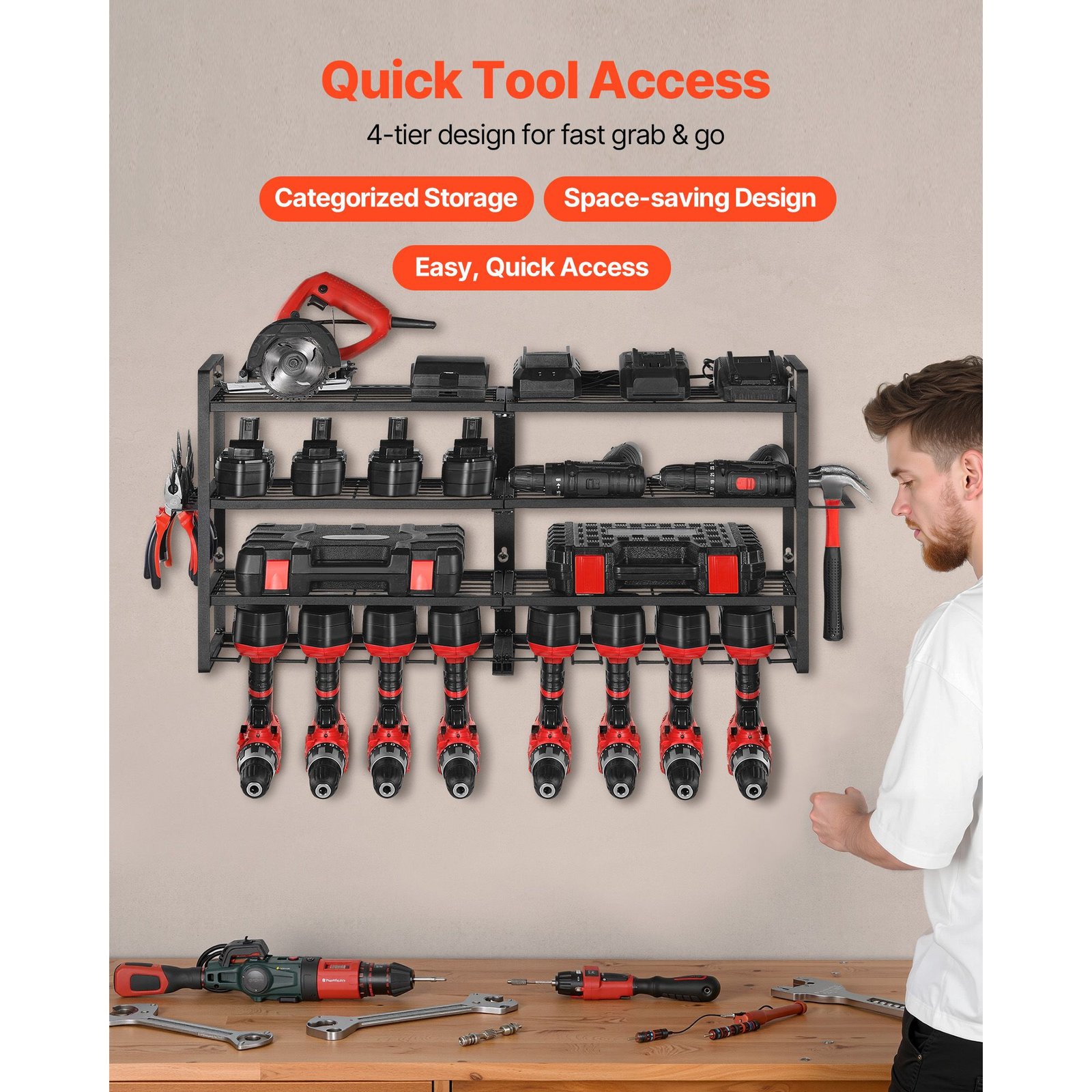 power tool organizer wall mount, 4 layer storage rack with 8 drill holders, tools holder and storage rack with screwdriver holder, garage tool organizer for garage, workbench, and workshop