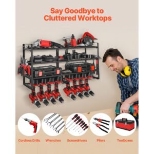 power tool organizer wall mount, 4 layer storage rack with 8 drill holders, tools holder and storage rack with screwdriver holder, garage tool organizer for garage, workbench, and workshop
