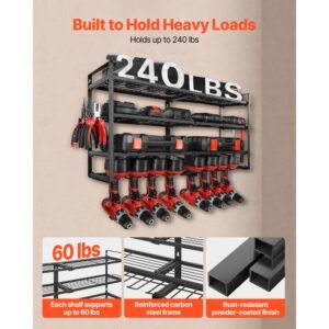 power tool organizer wall mount, 4 layer storage rack with 8 drill holders, tools holder and storage rack with screwdriver holder, garage tool organizer for garage, workbench, and workshop