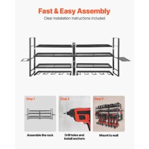 power tool organizer wall mount, 4 layer storage rack with 8 drill holders, tools holder and storage rack with screwdriver holder, garage tool organizer for garage, workbench, and workshop
