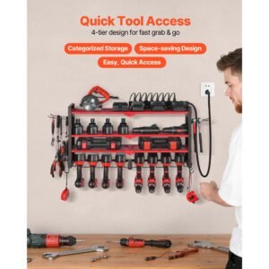 power tool organizer with charging station, 3 layer drill storage rack with 4 drill holders & side pegboard, garage tool organizer built in 8 outlet power strips for garage, workbench, workshop