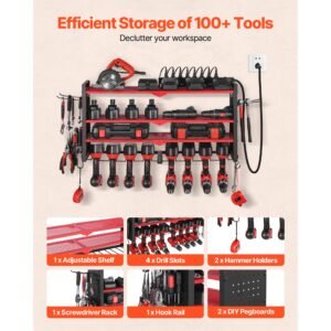 power tool organizer with charging station, 3 layer drill storage rack with 4 drill holders & side pegboard, garage tool organizer built in 8 outlet power strips for garage, workbench, workshop