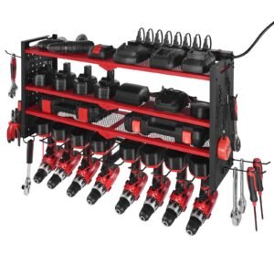 Power Tool Organizer with Charging Station, 3-Layer Drill Storage Rack with 4 Drill Holders & Side Pegboard, Garage Tool Organizer Built in 8 Outlet Power Strips for Garage, Workbench, Workshop