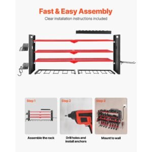 power tool organizer with charging station, 3 layer drill storage rack with 4 drill holders & side pegboard, garage tool organizer built in 8 outlet power strips for garage, workbench, workshop