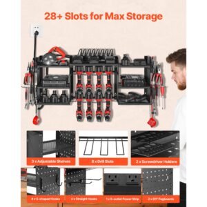 power tool organizer with charging station, 3 layer power tool battery storage rack with 5.58 ft power strip, 8 drill holders & 8 outlets, garage tool organizer for garage, workbench, workshop