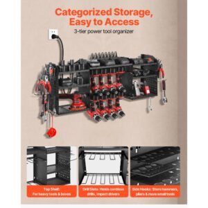 power tool organizer with charging station, 3 layer power tool battery storage rack with 5.58 ft power strip, 8 drill holders & 8 outlets, garage tool organizer for garage, workbench, workshop