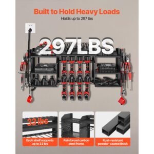 power tool organizer with charging station, 3 layer power tool battery storage rack with 5.58 ft power strip, 8 drill holders & 8 outlets, garage tool organizer for garage, workbench, workshop