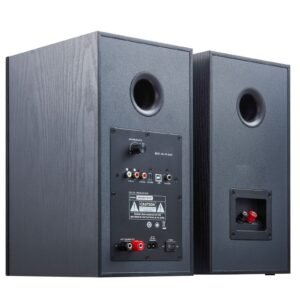 powered bookshelf speakers, 25w x 2, active studio monitor speaker with 5.25 inch woofer, bluetooth/rca/coaxial/optical/usb/subwoofer connection, wooden enclosure, for record player turntable pc
