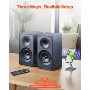 powered bookshelf speakers, 25w x 2, active studio monitor speaker with 5.25 inch woofer, bluetooth/rca/coaxial/optical/usb/subwoofer connection, wooden enclosure, for record player turntable pc