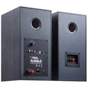 powered bookshelf speakers, 25w x 2, active studio monitor speaker with 5.5 inch woofer, bluetooth/rca/coaxial/optical/usb/subwoofer connection, wooden enclosure, for record player turntable pc