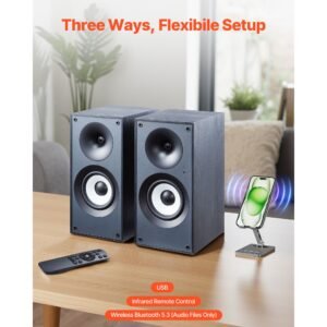 powered bookshelf speakers, 25w x 2, active studio monitor speaker with 5.5 inch woofer, bluetooth/rca/coaxial/optical/usb/subwoofer connection, wooden enclosure, for record player turntable pc