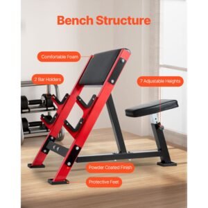 preacher curl bench, strength training benches, max load 660 lbs home gym fitness equipment, seated arm isolated barbell dumbbell bicep station, adjustable weight bench with bar holders