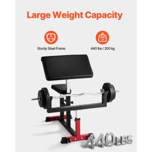 preacher curl bench, strength training biceps machine, max load 440 lbs home gym equipment, seated arm isolated barbell dumbbell bicep station, adjustable weight benches for home gym