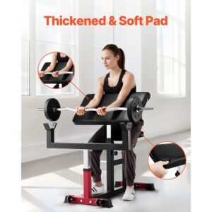 preacher curl bench, strength training biceps machine, max load 440 lbs home gym equipment, seated arm isolated barbell dumbbell bicep station, adjustable weight benches for home gym