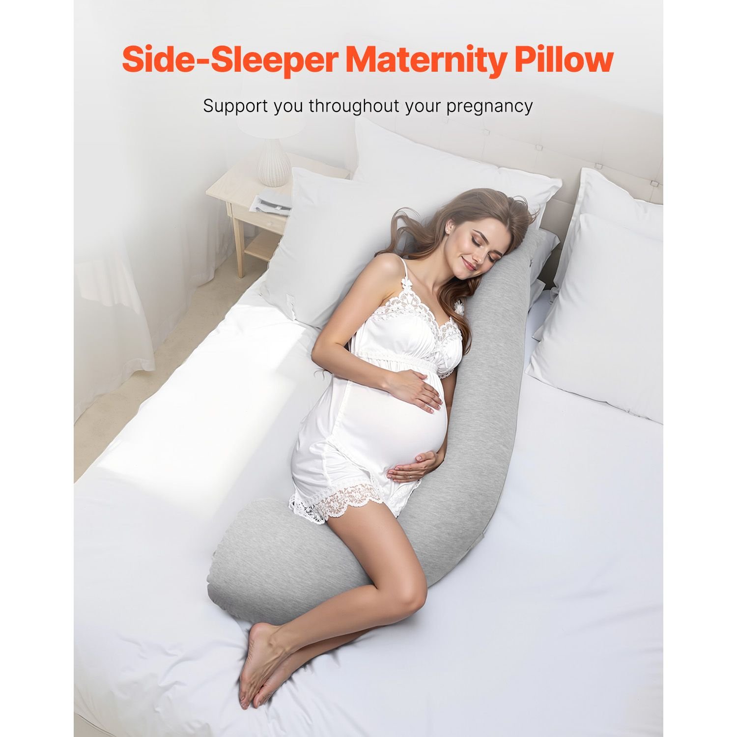 pregnancy pillows for side sleeping, l shaped maternity pillow for pregnant women, soft & breathable pregnancy body pillow with washable jersey cover for head neck belly leg support, light gray