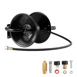Pressure Washer Hose Reel, 50 ft x 3/8 inch Heavy-Duty Steel Bracket-Mounted Pressure Hose Reel, Wall/Floor/Truck Mount, 4000PSI Max, Manual Power Hand Crank for Car/Floor Washing,Garden