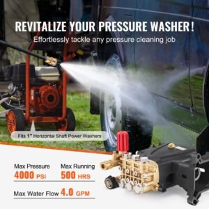 pressure washer pump, 1" shaft horizontal triplex plunger, 4000 psi, 4.0gpm, replacement power washer pumps kit with hardware, compatible with simpson morflex 40224, 40225, 40226, santoprene