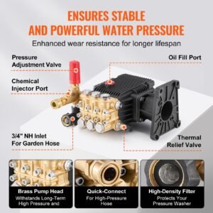 pressure washer pump, 1" shaft horizontal triplex plunger, 4400 psi, 4.4gpm, replacement power washer pumps kit with 5 nozzles, compatible with simpson morflex 40224, 40225, 40226, santoprene