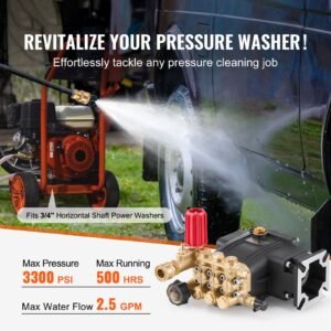 pressure washer pump, 3/4" shaft horizontal triplex plunger, 3300 psi, 2.5gpm, replacement power washer pumps kit with 5 nozzles, compatible with simpson morflex 40224, 40225, 40226, santoprene
