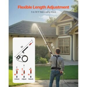 pressure washer telescoping wand, 18 ft, 4000 psi, telescopic spray wand with power washer extension wands, gutter cleaner, brush head, 5 spray nozzle tips, adapter and adjustable support belt