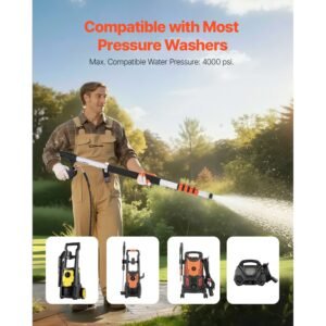 pressure washer telescoping wand, 24 ft, 4000 psi, telescopic spray wand with power washer extension wands, gutter cleaner, brush head, pivoting coupler, 7 spray nozzles and support harness