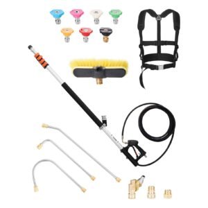 pressure washer telescoping wand, 24 ft, 4000 psi, telescopic spray wand with power washer extension wands, gutter cleaner, brush head, pivoting coupler, 7 spray nozzles and support harness