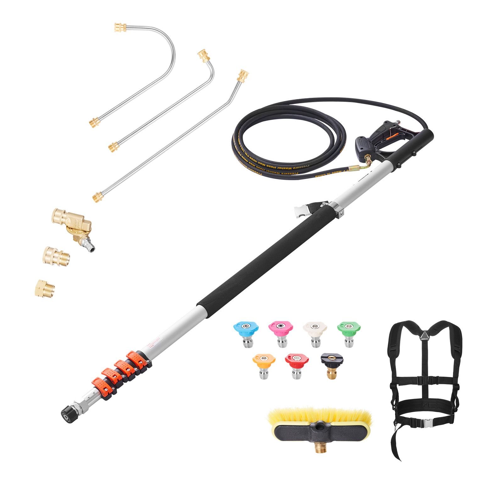 pressure washer telescoping wand, 24 ft, 4000 psi, telescopic spray wand with power washer extension wands, gutter cleaner, brush head, pivoting coupler, 7 spray nozzles and support harness