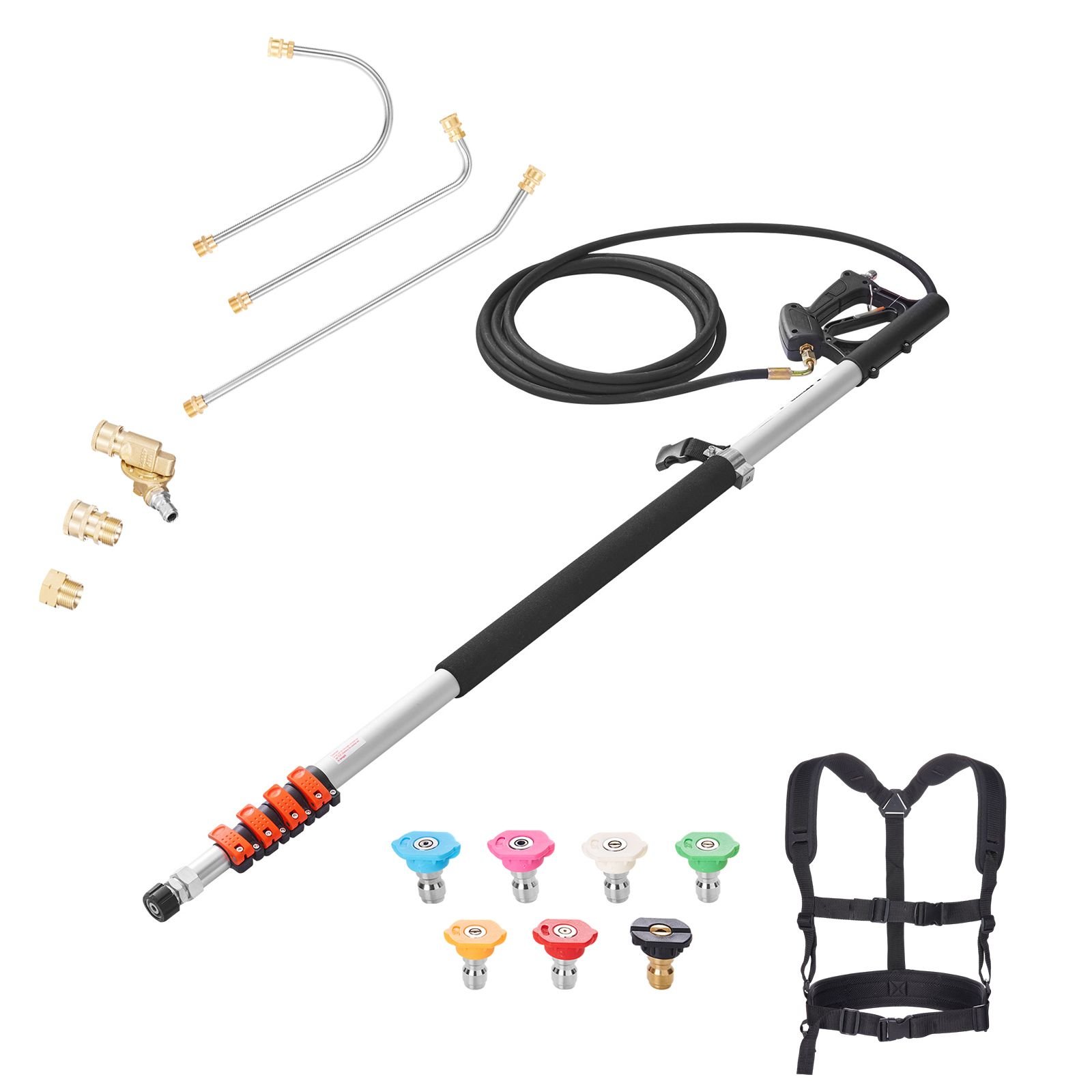 pressure washer telescoping wand, 24 ft, 4000 psi, telescopic spray wand with power washer extension wands, gutter cleaner, pivoting coupler, 7 spray nozzle tips and adjustable support harness
