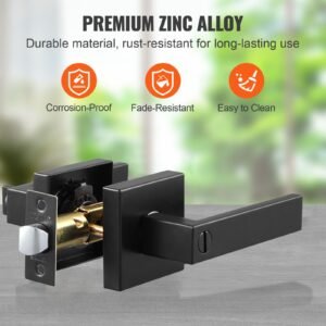 privacy door handle, 1 pack matte black door lever, left or right handing reversible lever with keyless lock, 45° rotation to open, universal square interior for bedroom and bathroom doors