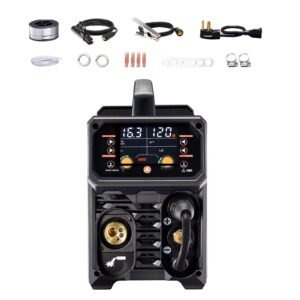 Pro MIG Welder, 200A Pluse Mig Welding Machine, 5-in-1 Synergic Welder Machine MIG Pluse/Gas MIG/Flux Core MIG/Stick/Lift TIG, 110V/220V Dual Voltage Aluminum Mig Welder with LCD Screen Display