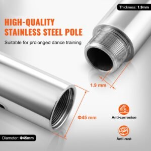 professional dancing pole, spinning static dancing pole kit, portable removable pole, 45mm heavy duty stainless steel pole, height adjustable fitness pole, for exercise home club gym, silver