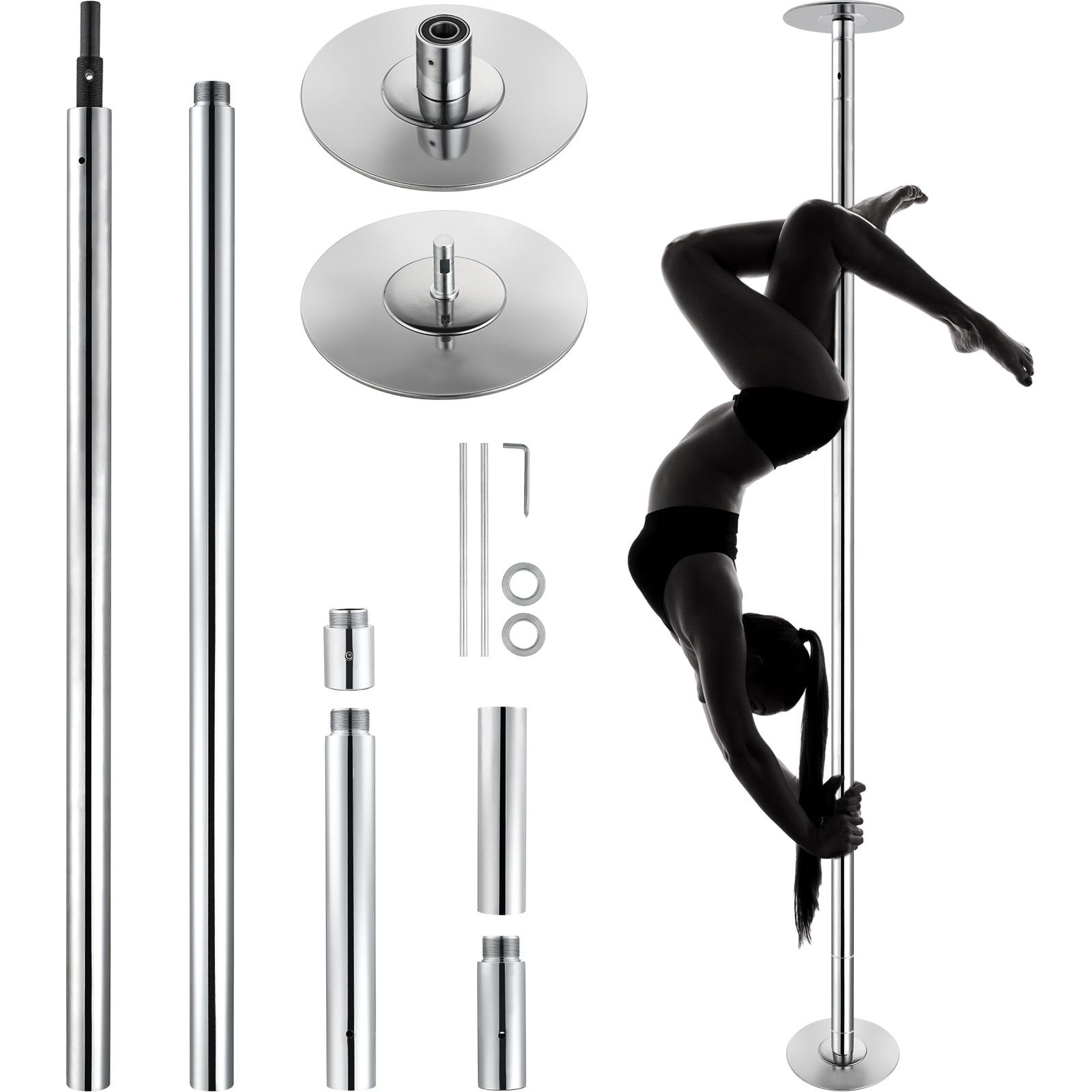 professional dancing pole, spinning static dancing pole kit, portable removable pole, 45mm heavy duty stainless steel pole, height adjustable fitness pole, for exercise home club gym, silver