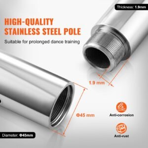 professional dancing pole, spinning static dancing pole kit, portable removable pole, 45mm heavy duty stainless steel pole, height adjustable fitness pole, for exercise home club gym, silver