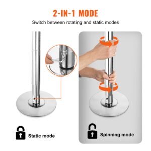 professional dancing pole, spinning static dancing pole kit, portable removable pole, 45mm heavy duty stainless steel pole, height adjustable fitness pole, for exercise home club gym, silver