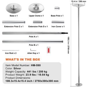 professional dancing pole, spinning static dancing pole kit, portable removable pole, 45mm heavy duty stainless steel pole, height adjustable fitness pole, for exercise home club gym, silver