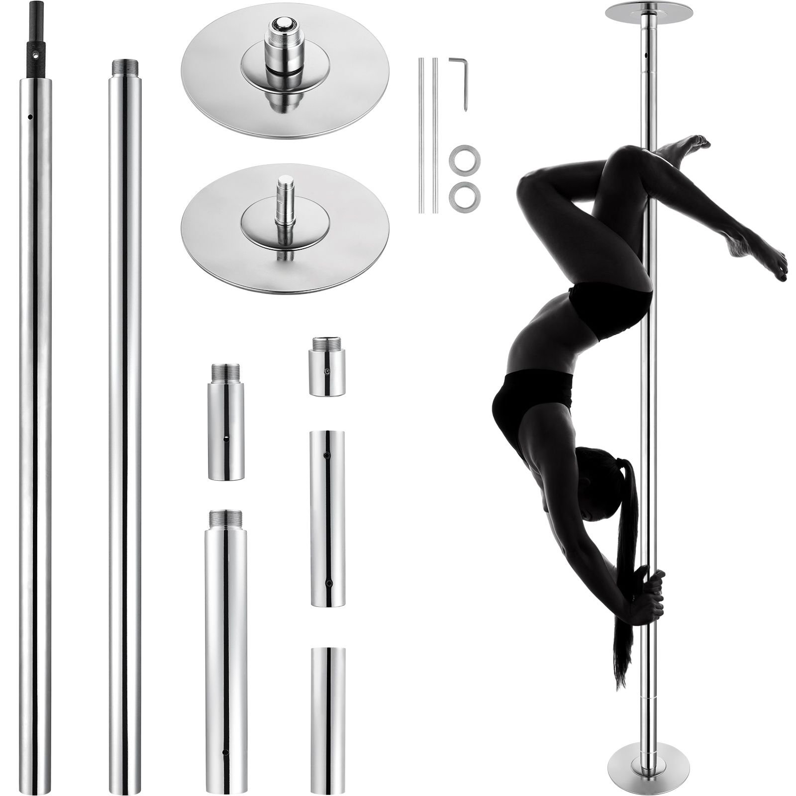 professional dancing pole, spinning static dancing pole kit, portable removable pole, 45mm heavy duty stainless steel pole, height adjustable fitness pole, for exercise home club gym, silver