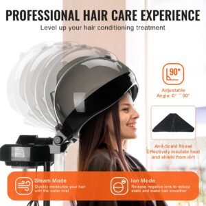 professional hair steamer for deep conditioning, 11.81 inch hooded ionic hair steamer with 2 modes, height adjustable standing hair steamer with timer, 5 wheels (2 lockable) for salon home spa