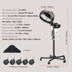 professional hair steamer for deep conditioning, 11.81 inch hooded ionic hair steamer with 2 modes, height adjustable standing hair steamer with timer, 5 wheels (2 lockable) for salon home spa