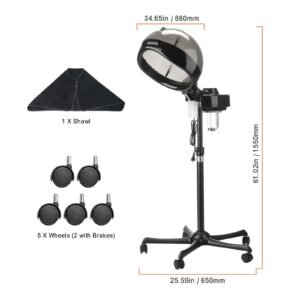 professional hair steamer for deep conditioning, 11.81 inch hooded ionic hair steamer with 2 modes, height adjustable standing hair steamer with timer, 5 wheels (2 lockable) for salon home spa