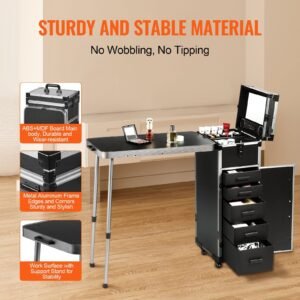 Professional Makeup Train Case Aluminum Cosmetic Case, Workbench With Supporting Legs, Rolling Makeup Case Extra Large Trolley Makeup Travel Organizer, with 360° Swivel Wheels, Black