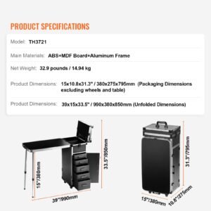 professional makeup train case aluminum cosmetic case, workbench with supporting legs, rolling makeup case extra large trolley makeup travel organizer, with 360° swivel wheels, black