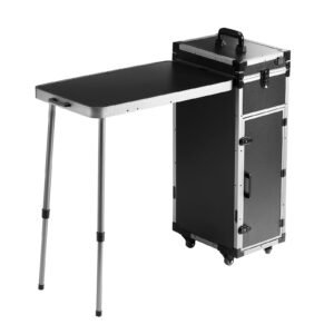 professional makeup train case aluminum cosmetic case, workbench with supporting legs, rolling makeup case extra large trolley makeup travel organizer, with 360° swivel wheels, black