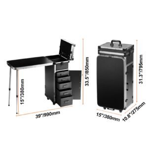 professional makeup train case aluminum cosmetic case, workbench with supporting legs, rolling makeup case extra large trolley makeup travel organizer, with 360° swivel wheels, black