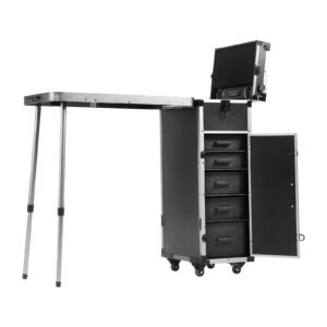 professional makeup train case aluminum cosmetic case, workbench with supporting legs, rolling makeup case extra large trolley makeup travel organizer, with 360° swivel wheels, black