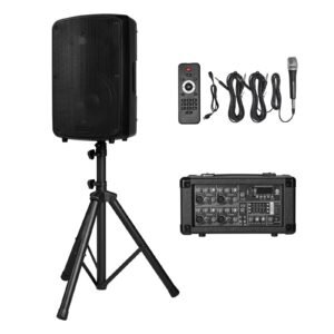 Professional PA System, 800W Powered, Sound System Set with 6 Channel Mixer, Dual Speakers, Wireless Bluetooth, Microphone, Compact Stands, USB SD XLR Inputs, Remote Control, for DJs Events