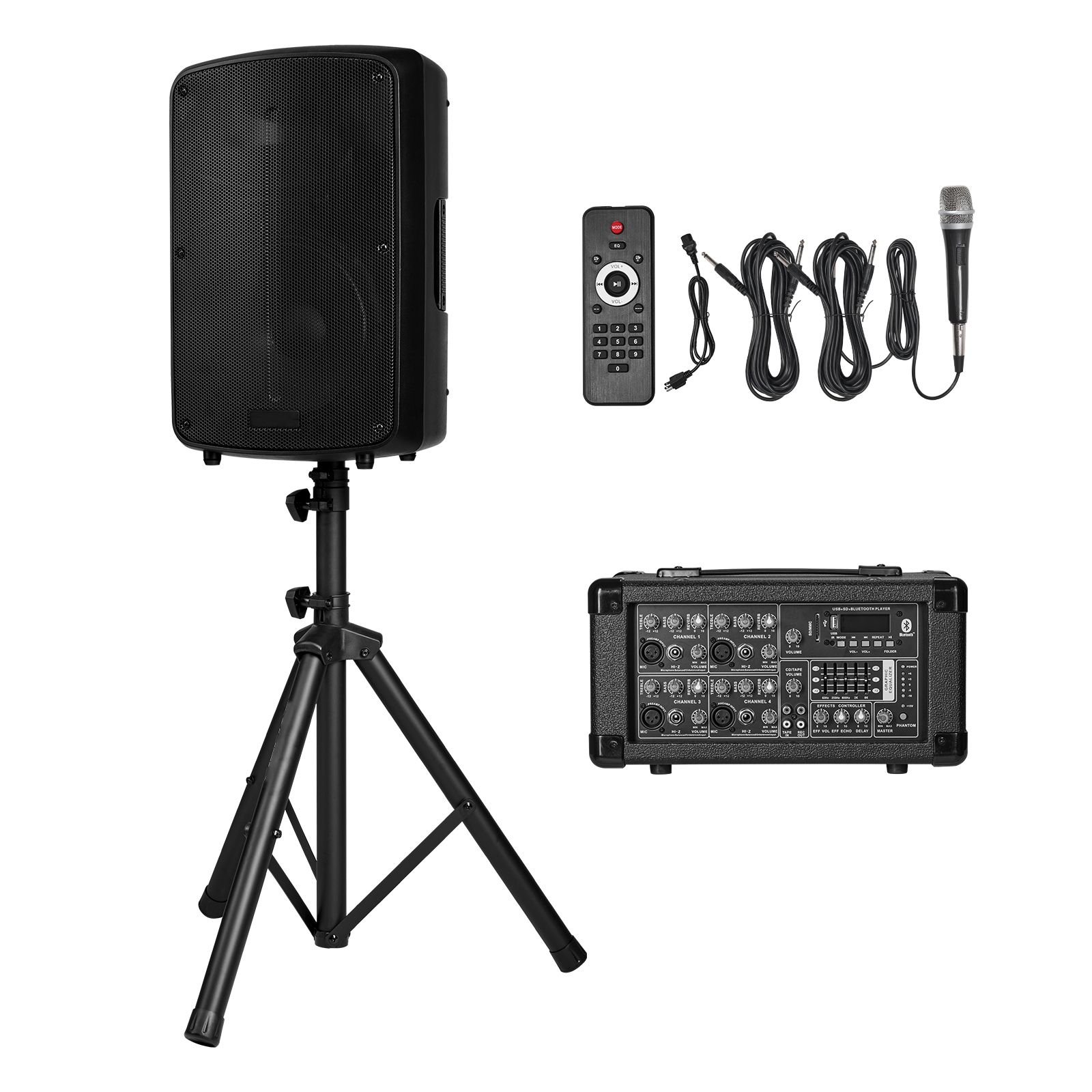 professional pa system, 800w powered, sound system set with 6 channel mixer, dual speakers, wireless bluetooth, microphone, compact stands, usb sd xlr inputs, remote control, for djs events