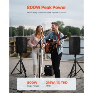 professional pa system, 800w powered, sound system set with 6 channel mixer, dual speakers, wireless bluetooth, microphone, compact stands, usb sd xlr inputs, remote control, for djs events