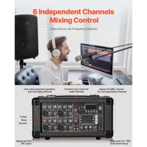 professional pa system, 800w powered, sound system set with 6 channel mixer, dual speakers, wireless bluetooth, microphone, compact stands, usb sd xlr inputs, remote control, for djs events