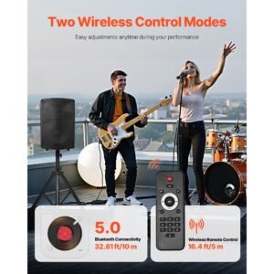 professional pa system, 800w powered, sound system set with 6 channel mixer, dual speakers, wireless bluetooth, microphone, compact stands, usb sd xlr inputs, remote control, for djs events